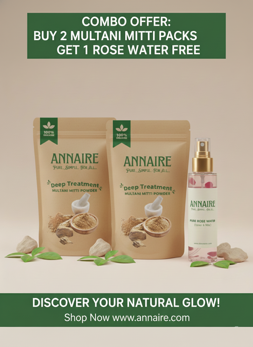 2 Multani Mitti Powder Packs + FREE Pure Rose Water