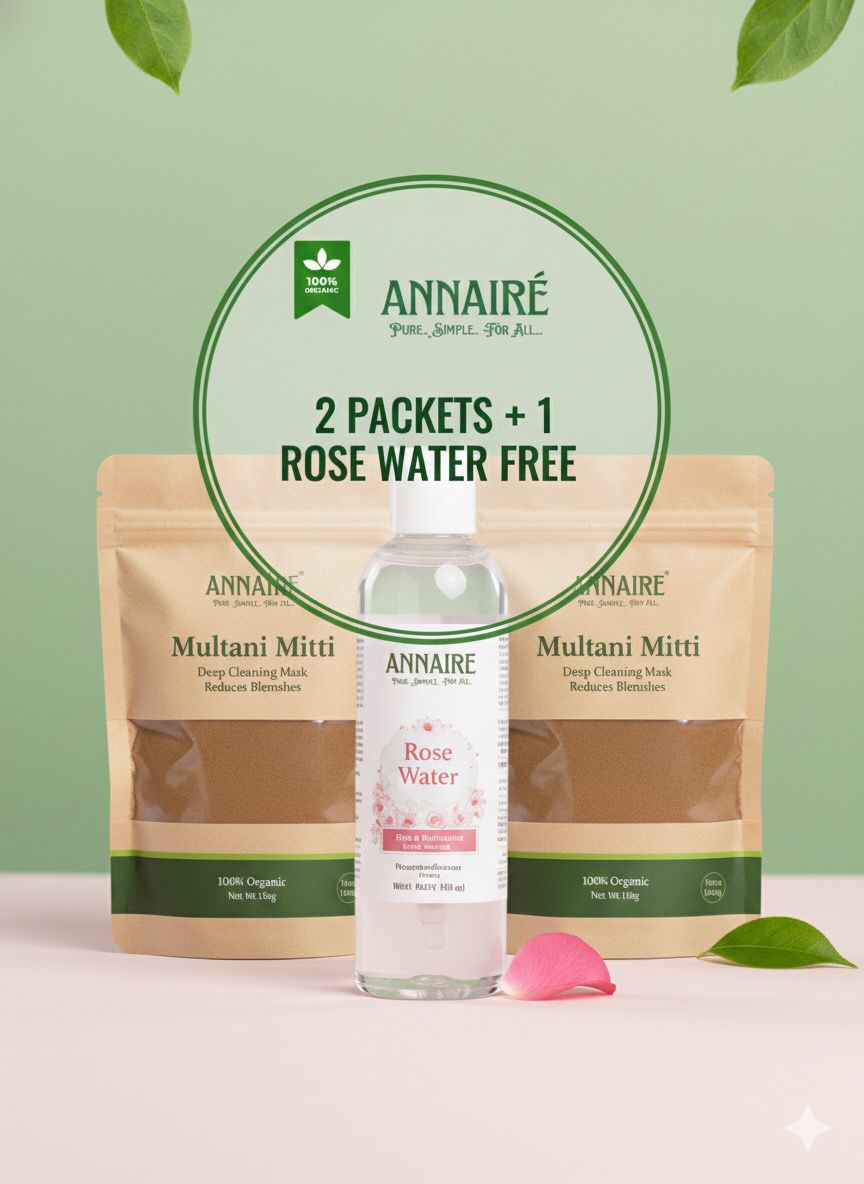 100% Organic Combo 2 Multani Mitti Packs + 1 Rose Water FREE